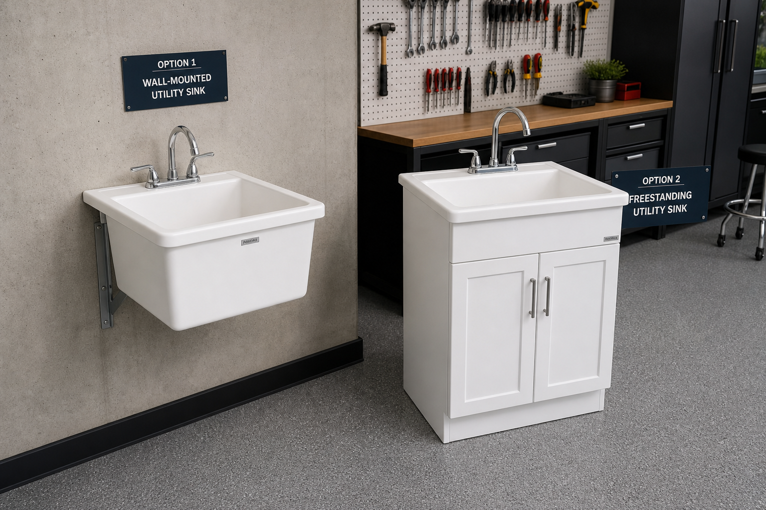 Comparison of wall-mounted and freestanding utility sinks in garage setting