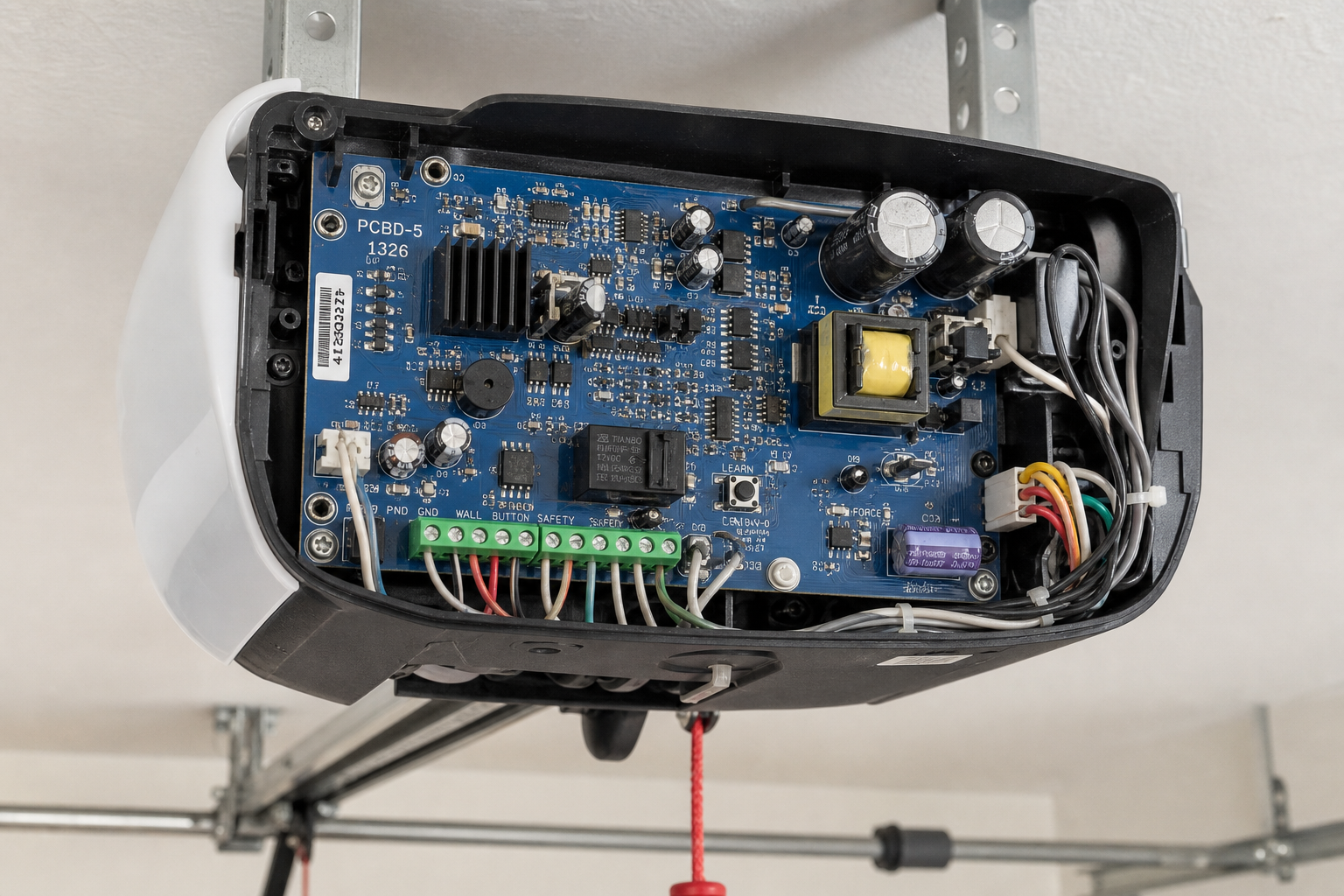 Open garage door opener showing internal circuit board with electronic components