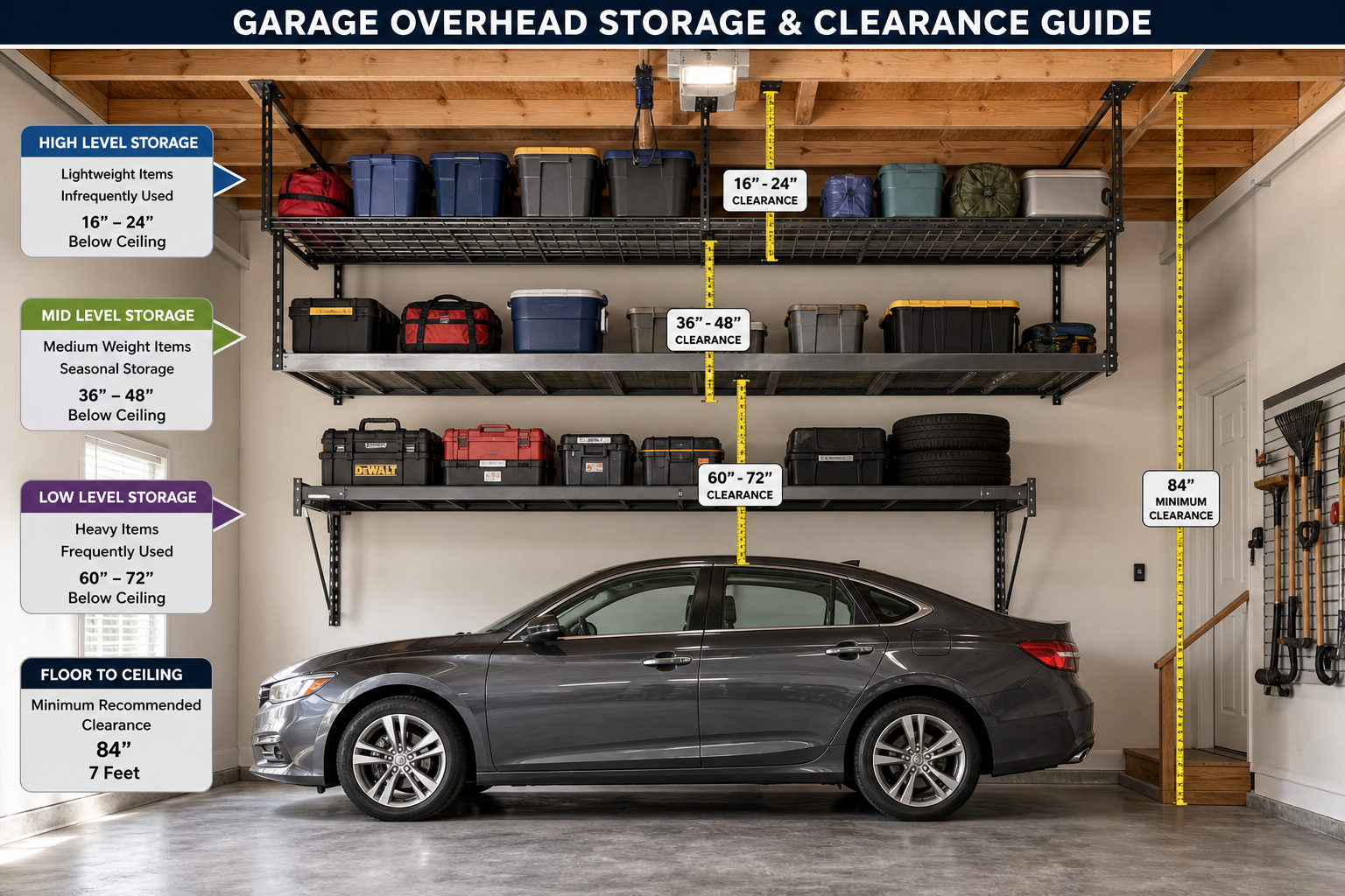 Garage showing proper clearance heights and weight distribution for overhead storage