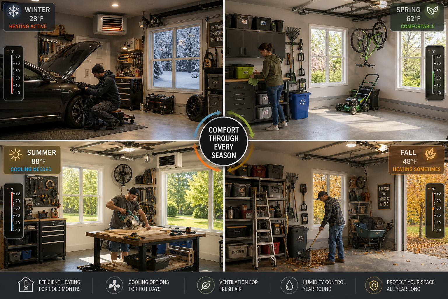 Four-season garage usage showing different climate conditions and heating needs throughout the year