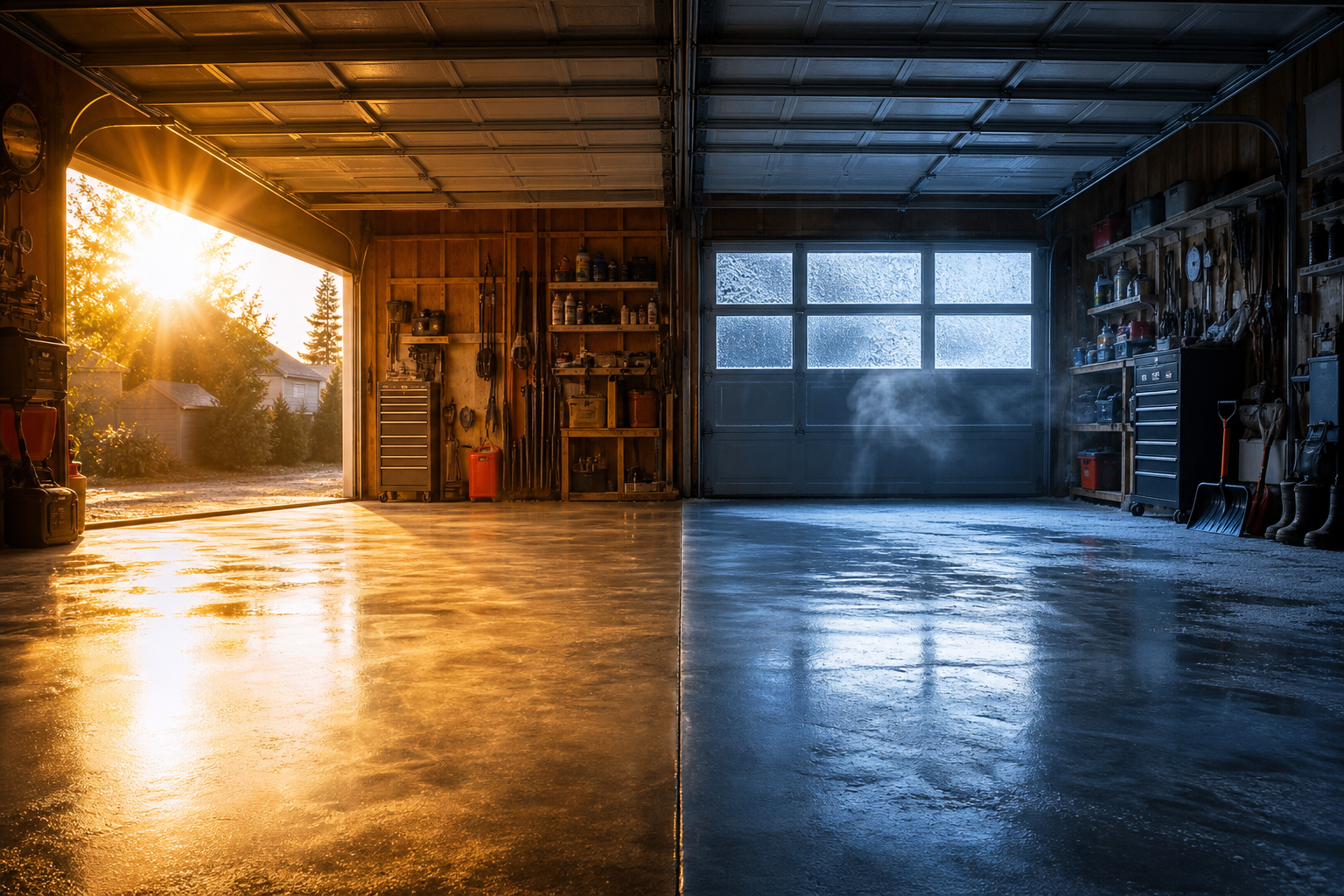 Garage interior split view showing hot and cold climate conditions