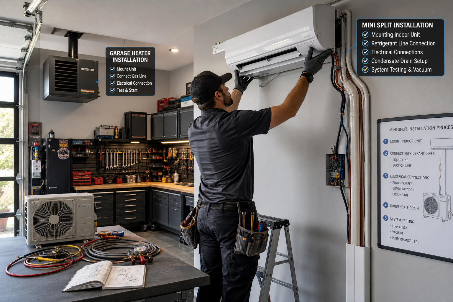 Technician installing mini split system in garage showing installation complexity