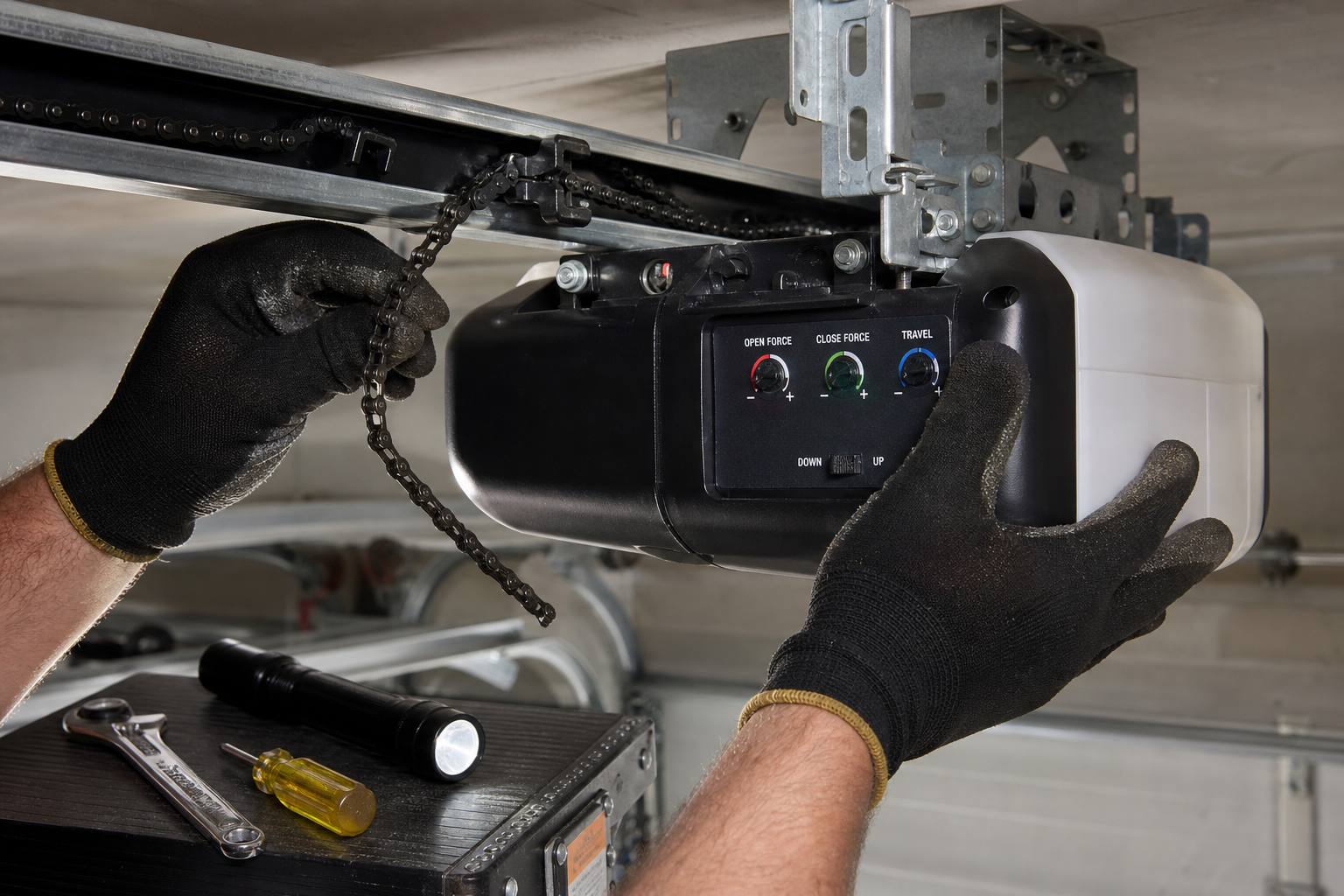 Hands troubleshooting garage door opener components with tools
