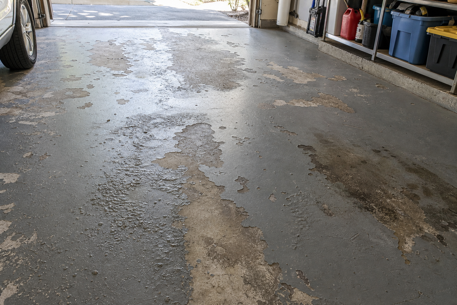 Garage floor showing various paint failure modes including peeling, bubbling, and worn areas
