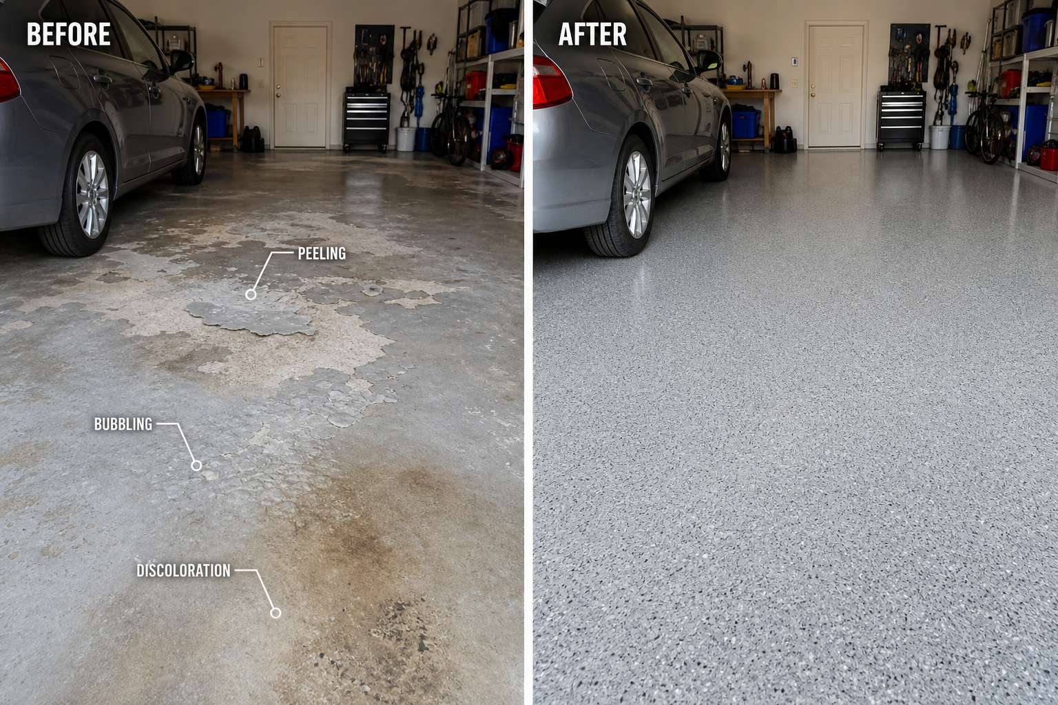 Before and after comparison showing garage floor coating problems and their professional solutions