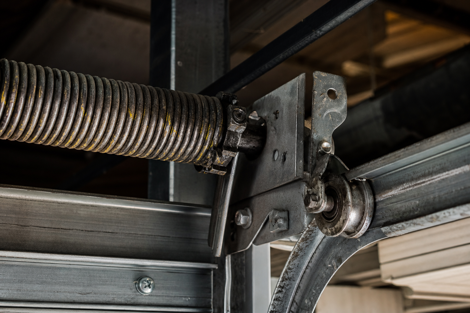 Close-up view of garage door mechanical components showing wear and potential issues