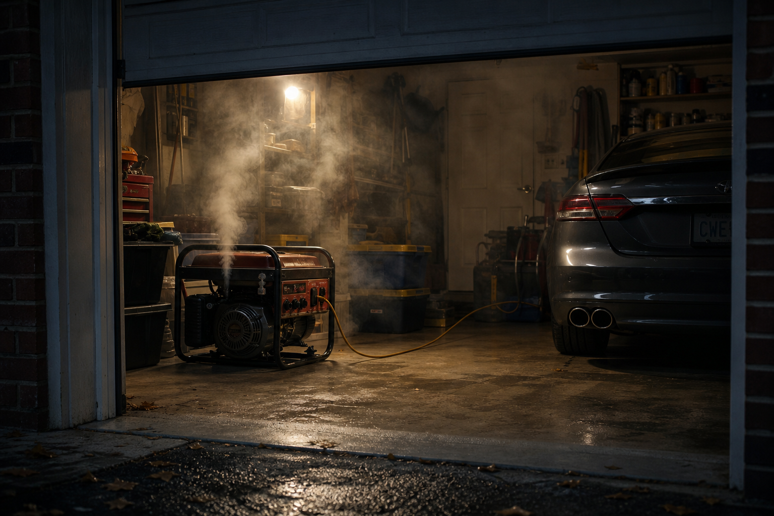 Dangerous example of generator incorrectly placed inside garage showing safety hazard