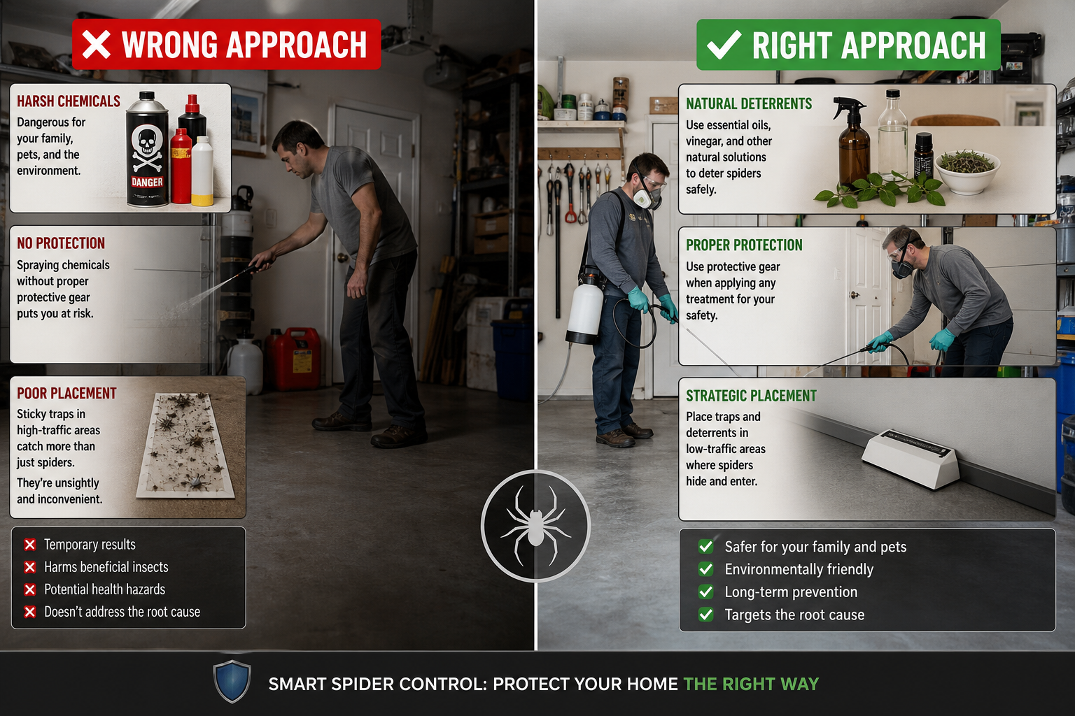 Comparison showing incorrect and correct spider control methods in a garage setting