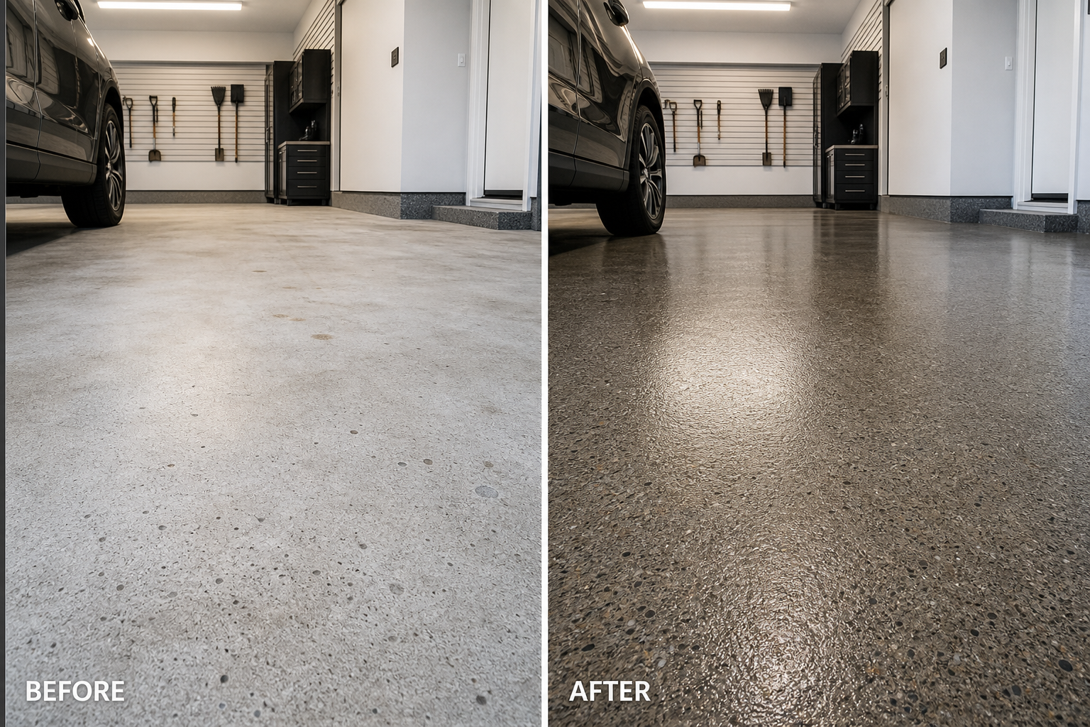 Before and after comparison of garage floor concrete sealer application