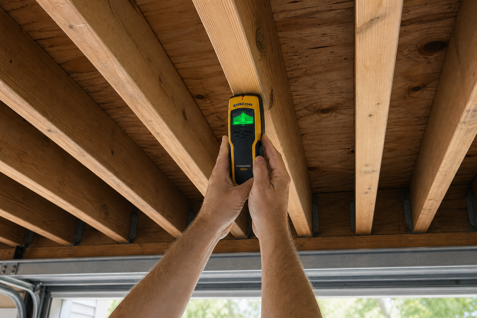 Person checking garage ceiling joists with stud finder to confirm structural support for ceiling fan