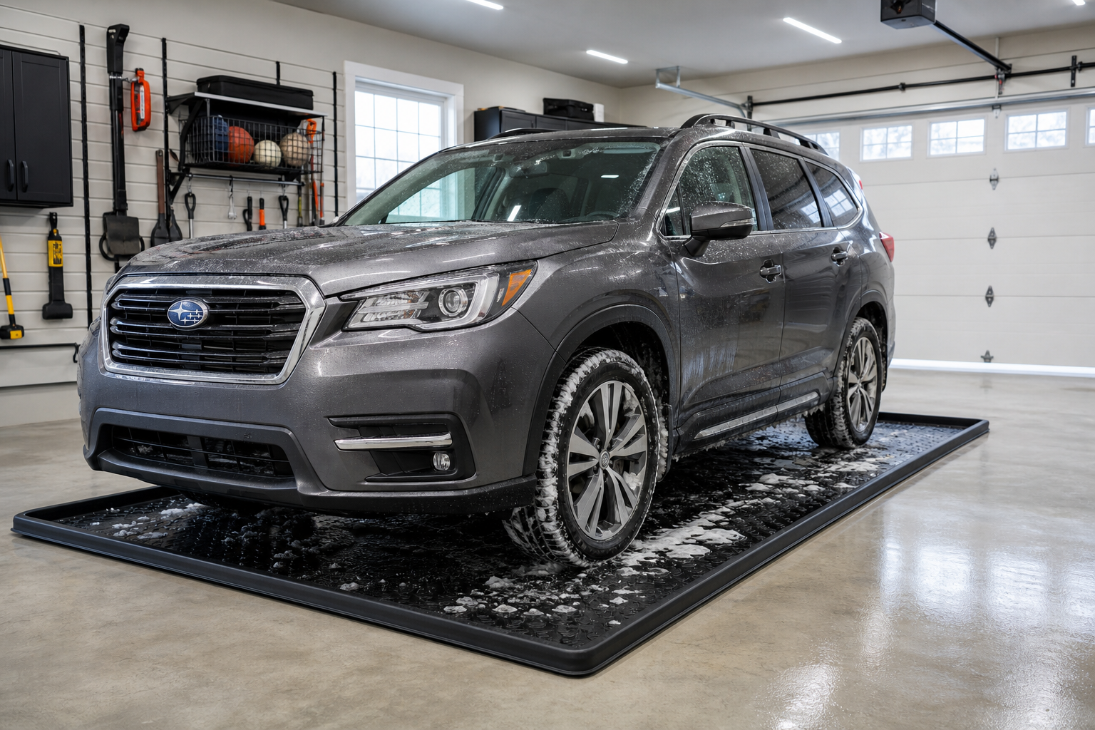 Car parked on a black containment mat in a clean garage