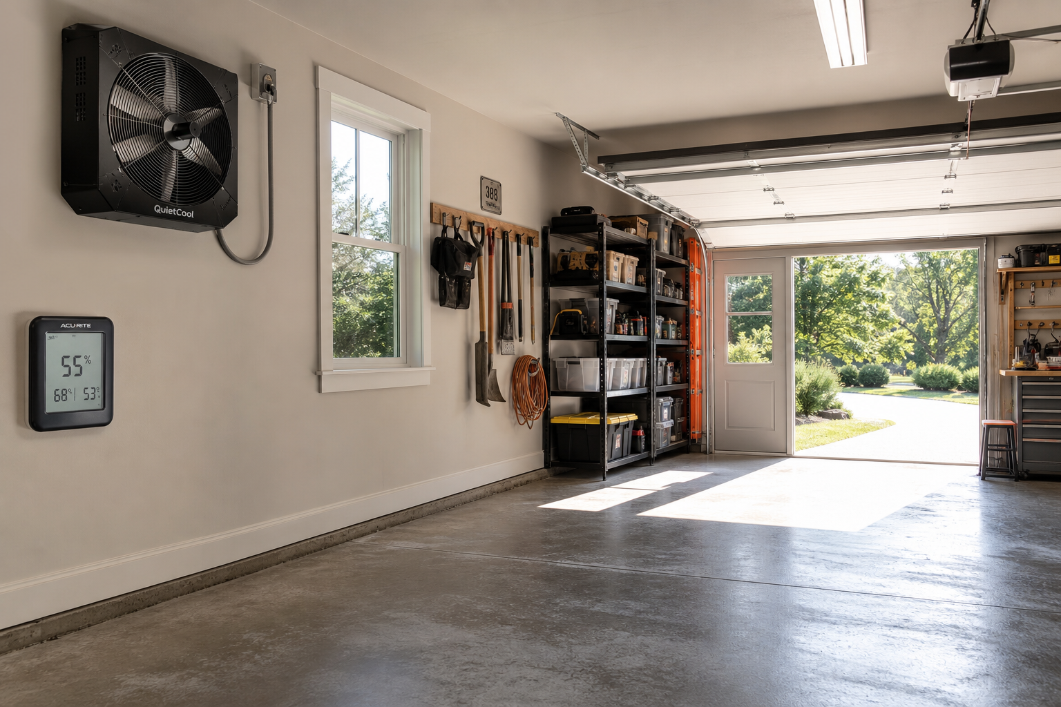 Garage interior with ventilation fan and humidity control equipment