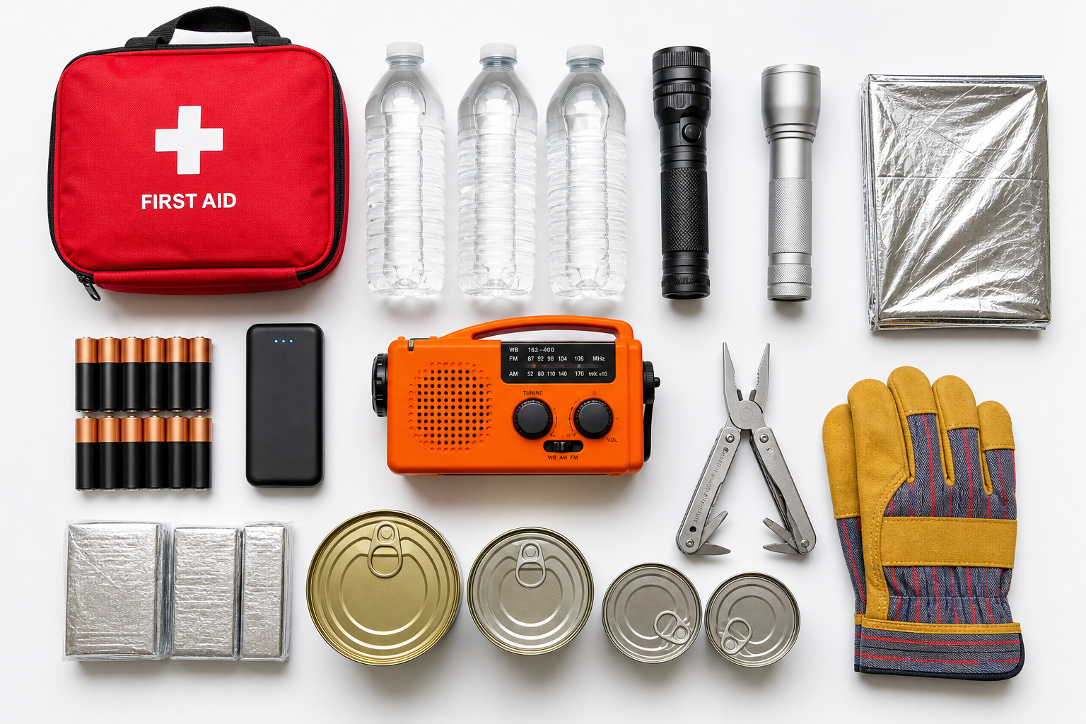 Emergency kit supplies including first aid kit, flashlights, water, food, and tools laid out on white surface