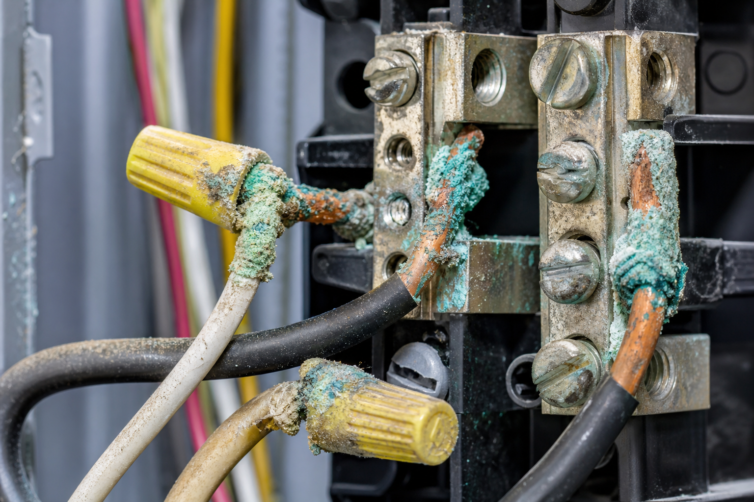 Close-up view of corroded electrical connections showing oxidation on copper wires and terminals