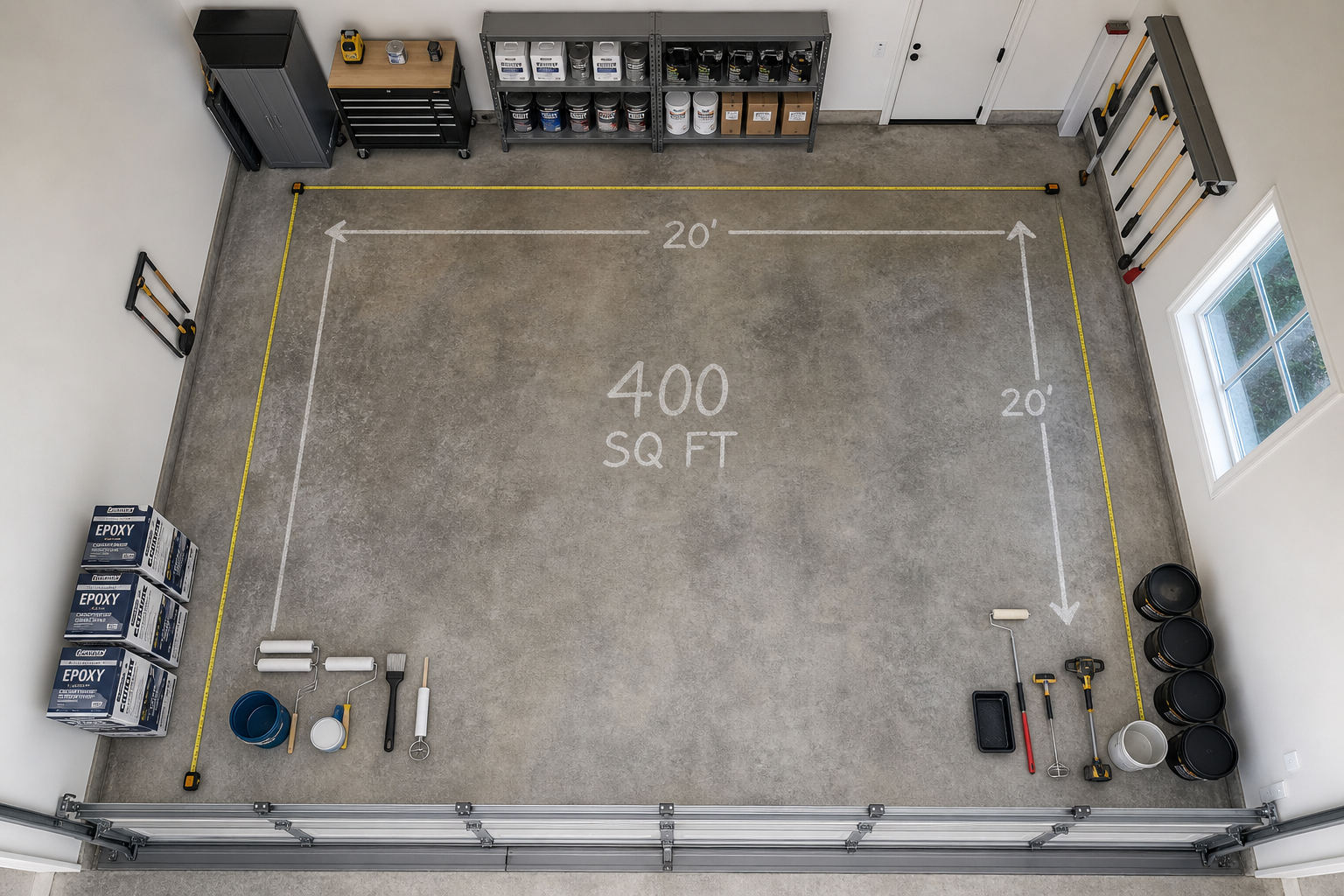 Overhead view of 2-car garage showing floor area and coating application materials