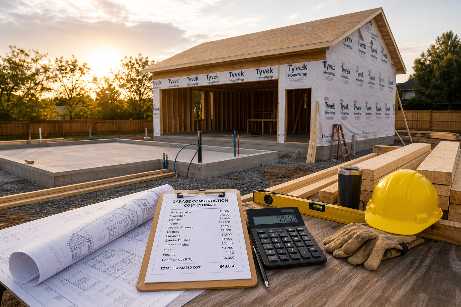 Construction site showing garage building materials and cost planning elements