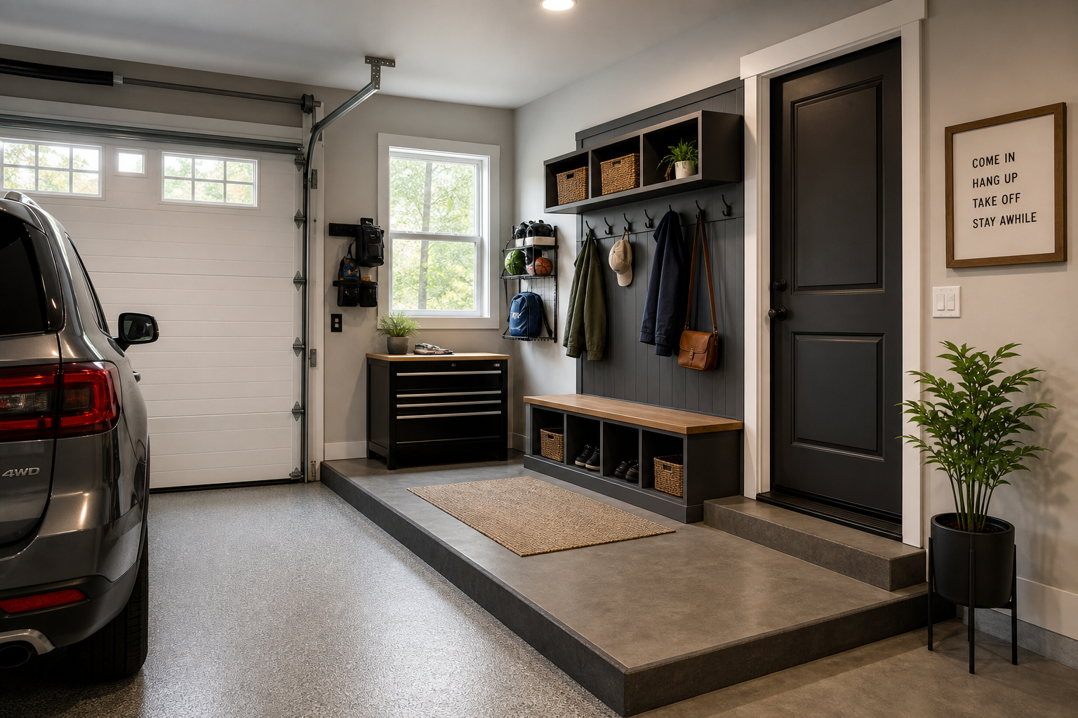 Organized garage mudroom transition zone with storage and designated entry area