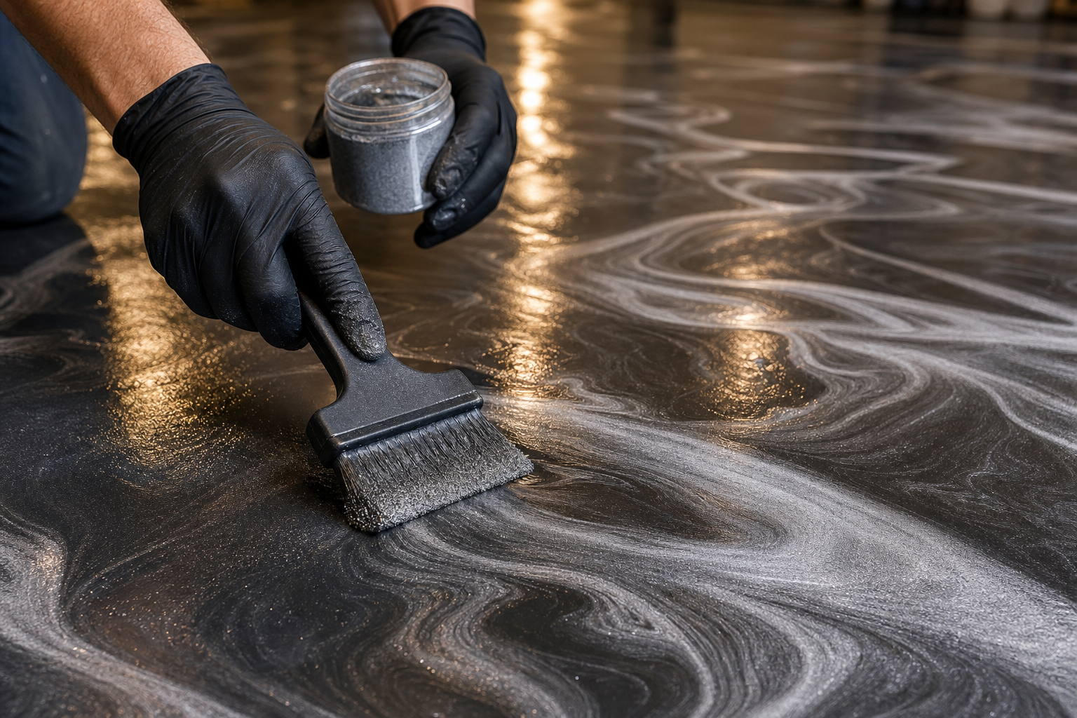 Hands applying metallic powder to create swirling patterns in epoxy floor coating