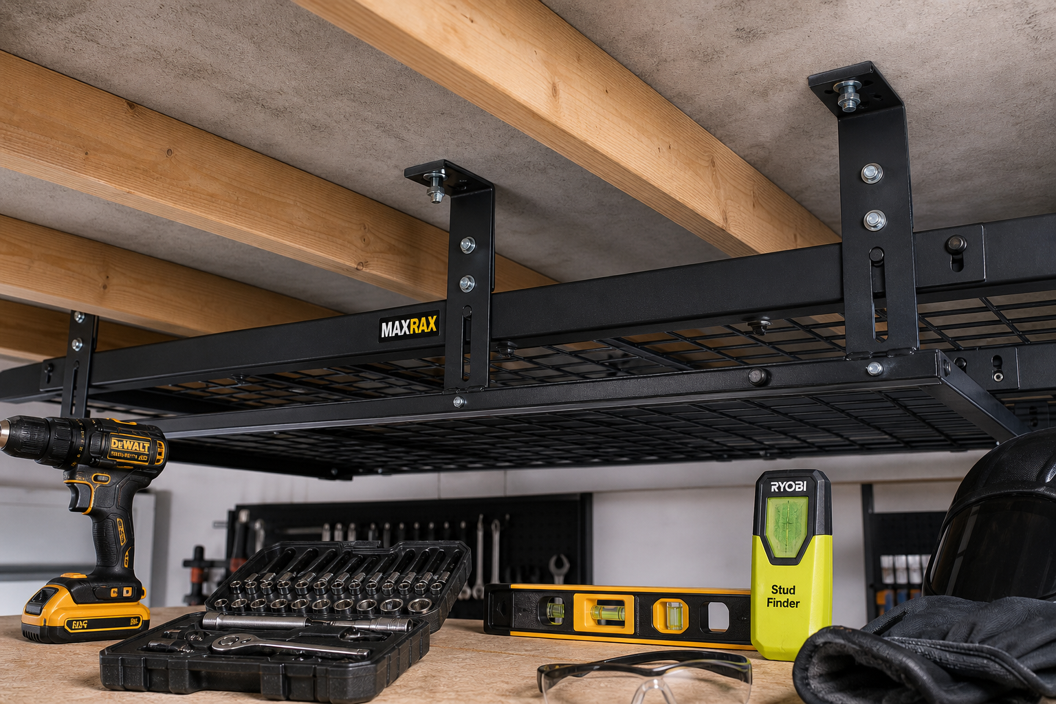 Professional installation of ceiling storage rack showing proper mounting hardware and tools