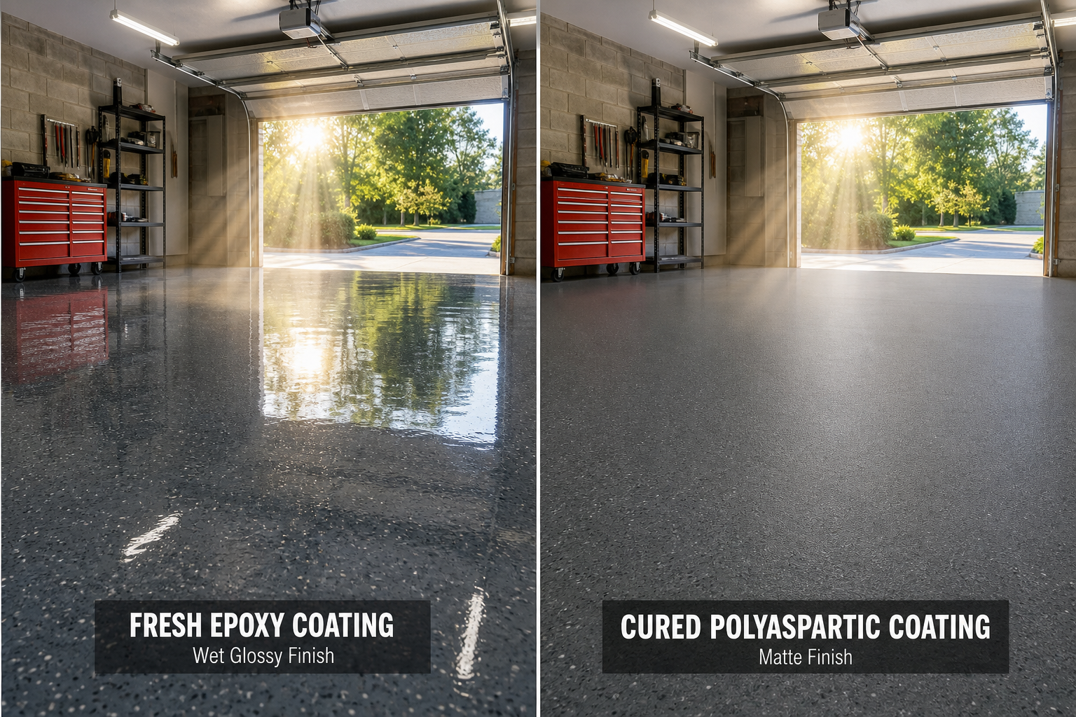 Side-by-side comparison of epoxy and polyaspartic garage floor coatings showing cure differences