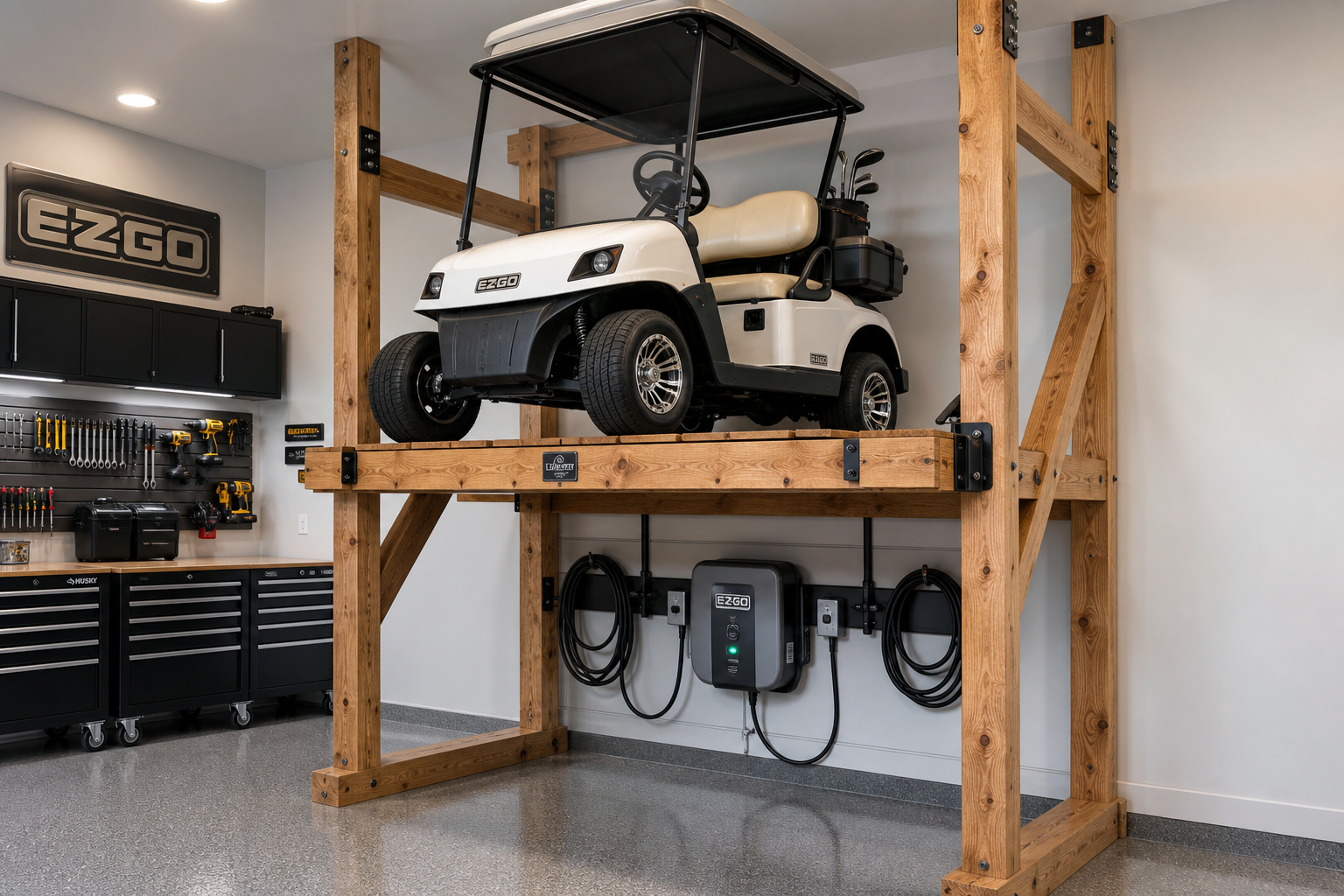 Custom wooden golf cart storage rack with integrated charging station in organized garage