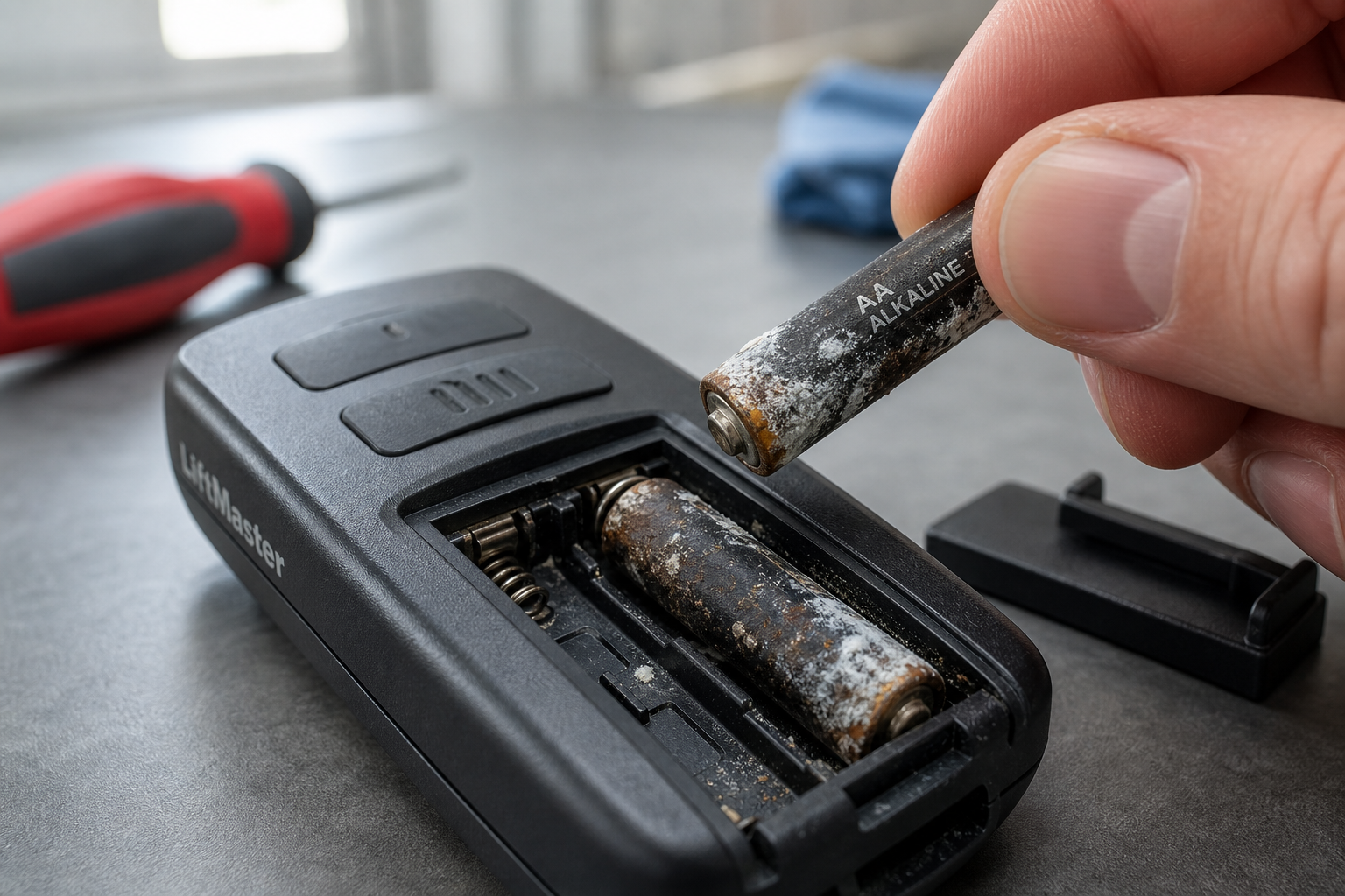Garage door remote with open battery compartment showing dead batteries