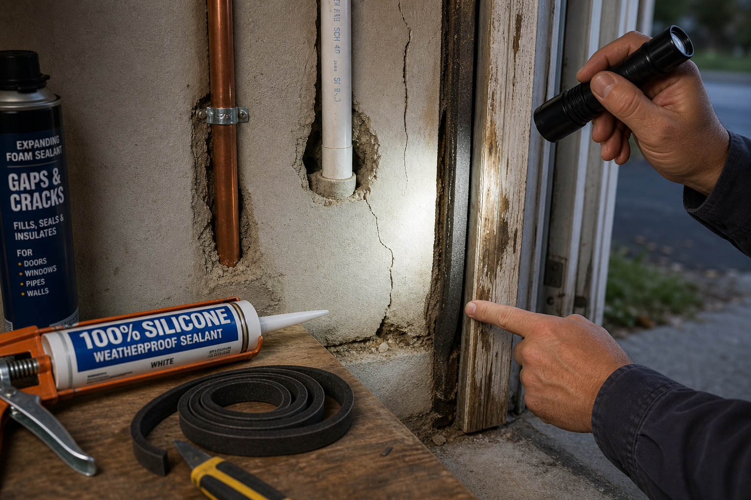 Close-up view of unsealed gaps around pipes and door frames in a garage wall