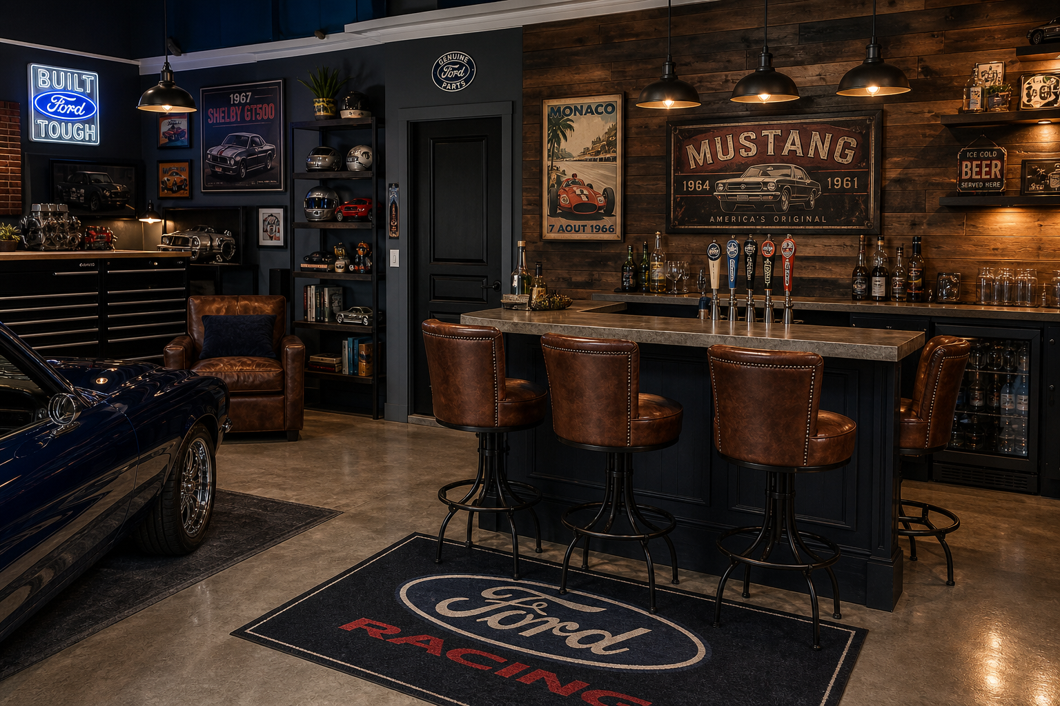 Finished garage man cave corner with decorative elements and bar area