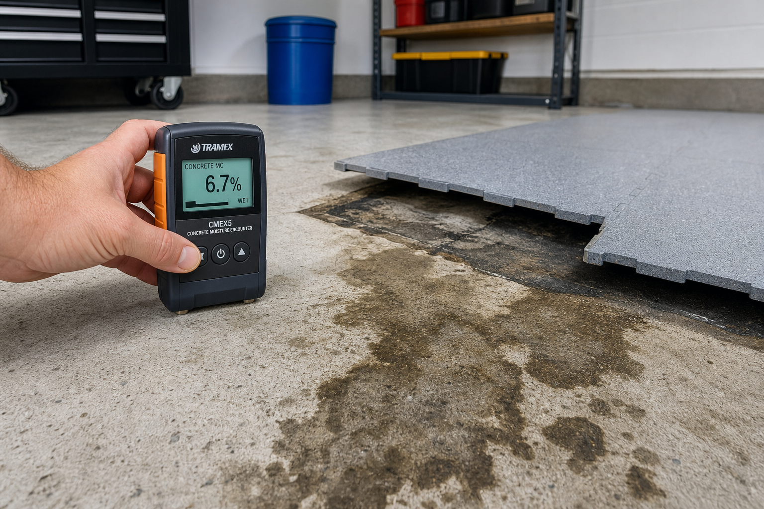 Moisture meter testing concrete garage floor for water damage