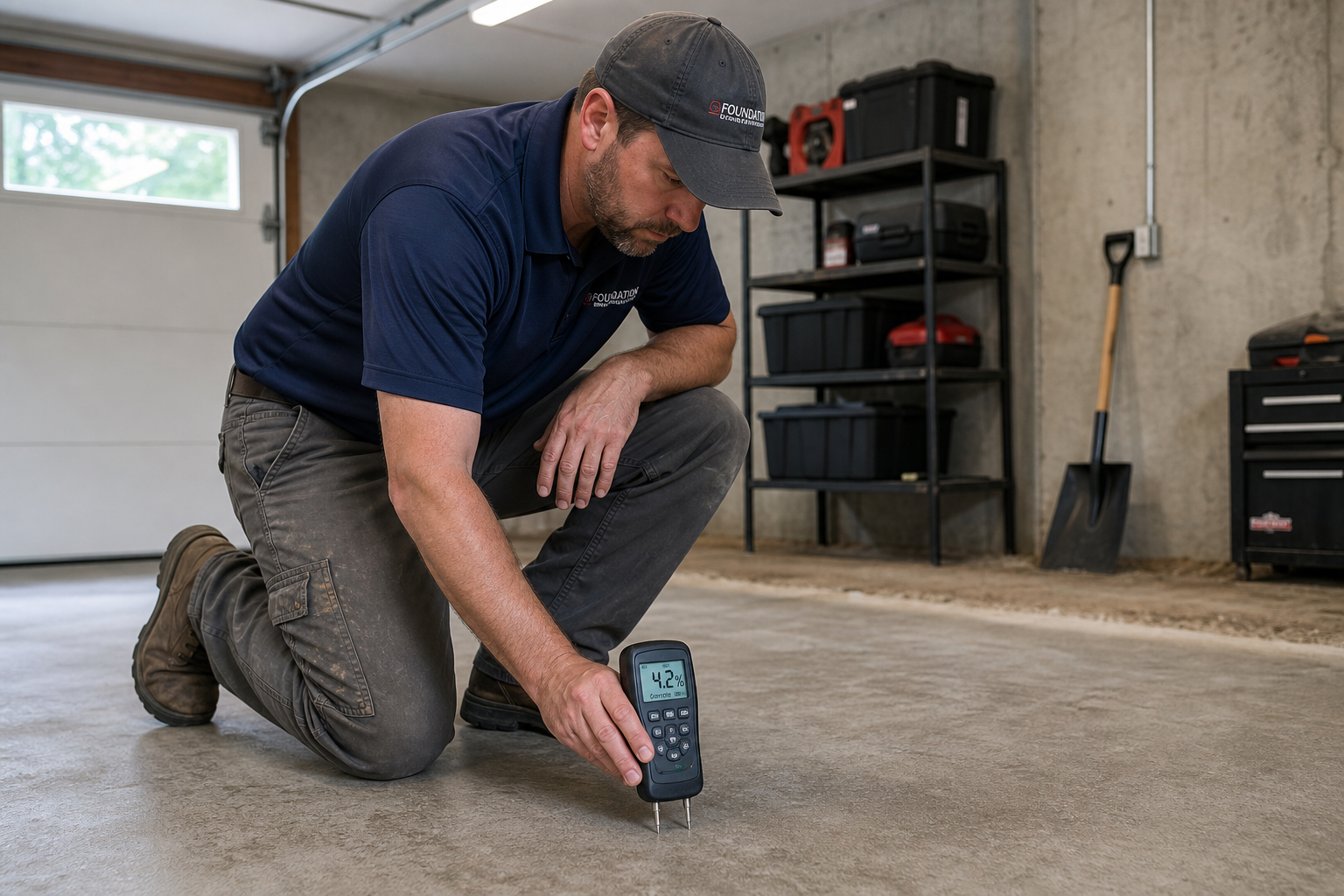Contractor testing garage floor moisture levels with digital meter