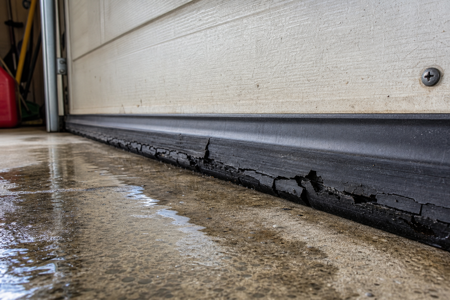 Damaged garage door seal with water damage on concrete floor