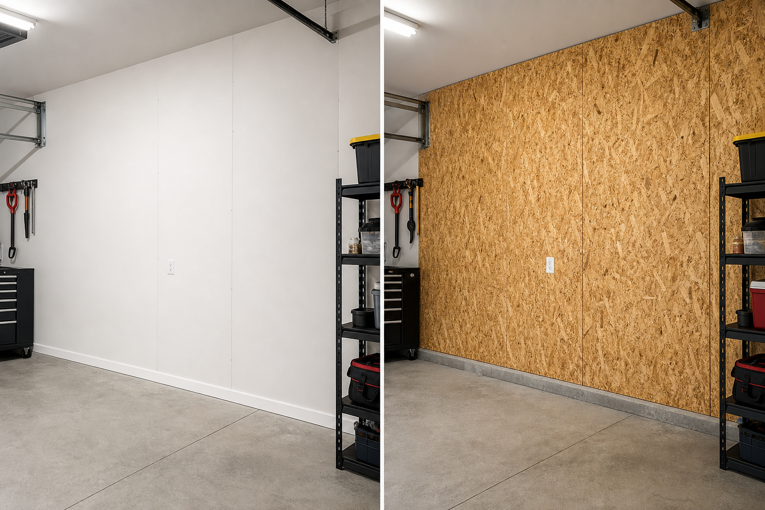 Side-by-side comparison of painted drywall and OSB wall finishes in garage interior
