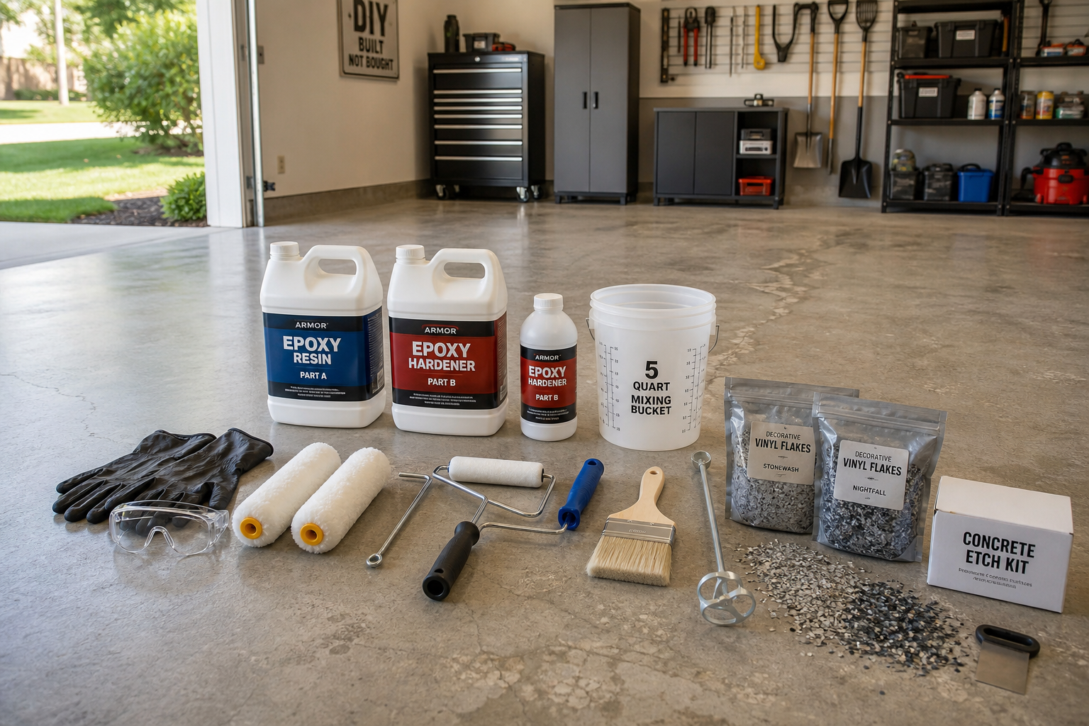 DIY epoxy coating supplies and tools arranged on a garage floor