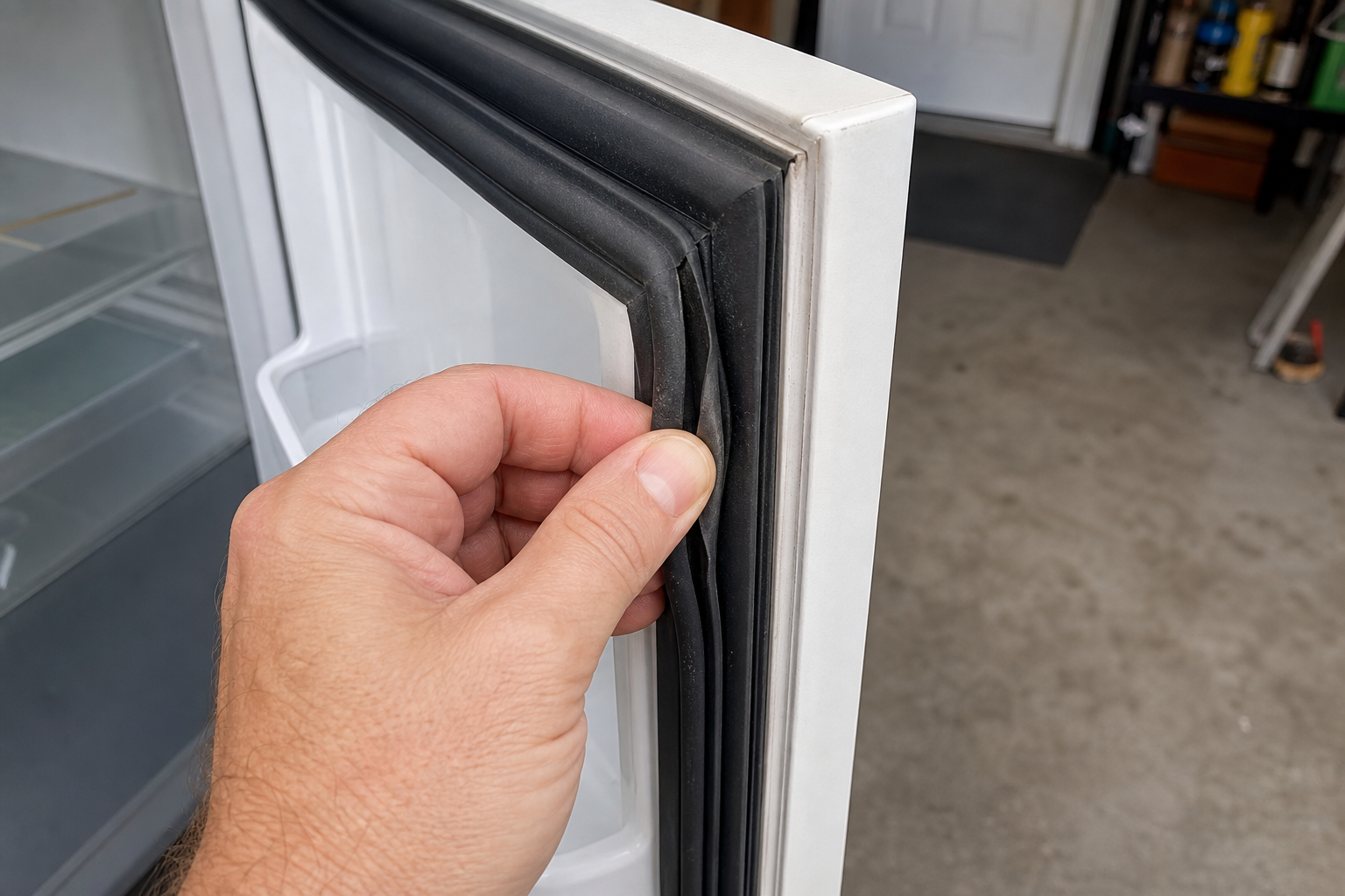 Hand inspecting refrigerator door seal gasket for gaps and damage