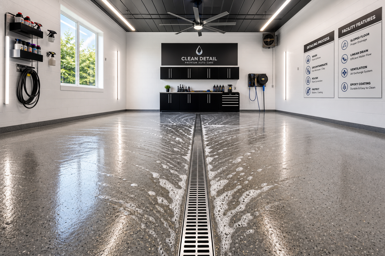 Garage detailing bay floor with drainage system and water flow demonstration