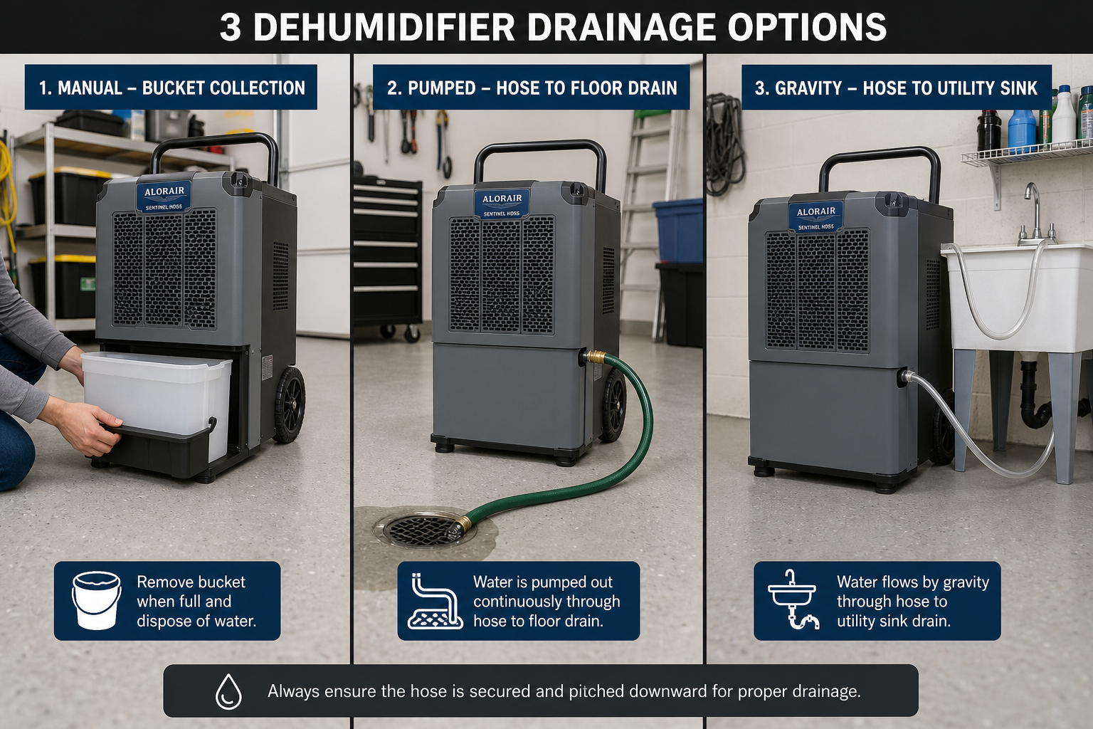 Three different dehumidifier drainage options: removable bucket, hose connection, and gravity drain