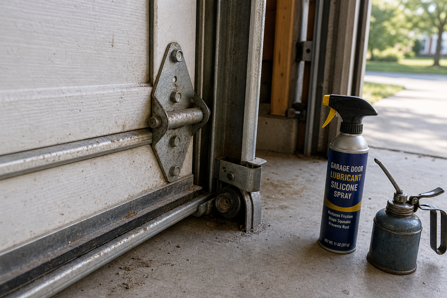 Dry garage door hinges and tracks with lubrication supplies