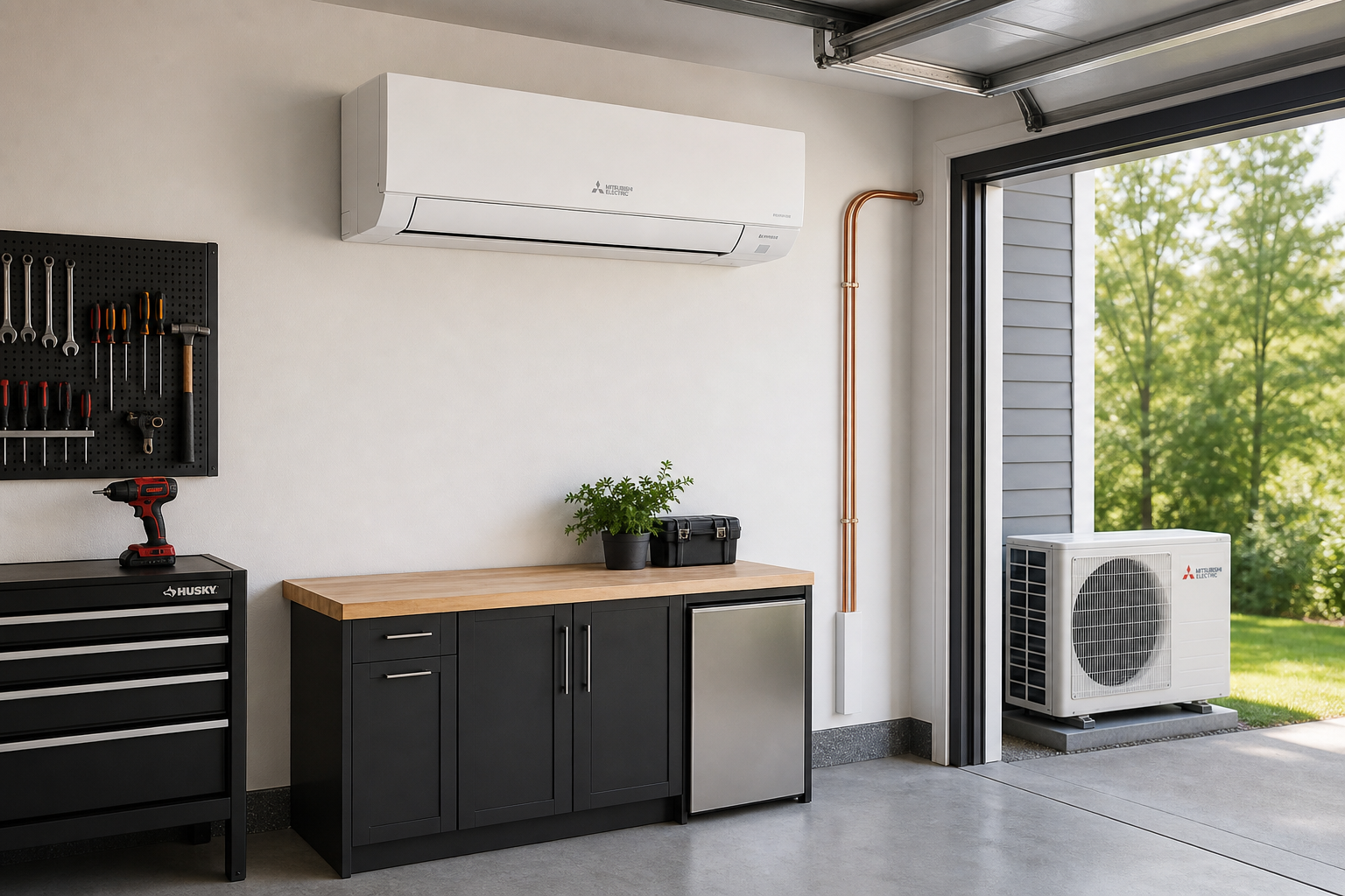 Ductless mini split heating system installed in garage