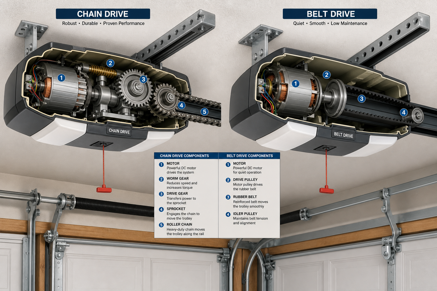 Cutaway view comparing internal components of chain drive and belt drive garage door openers