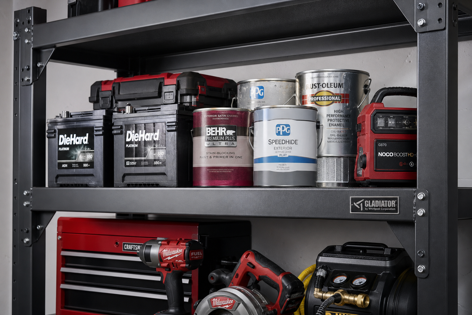 Heavy-duty steel garage cabinet shelf loaded with tools and equipment showing weight capacity
