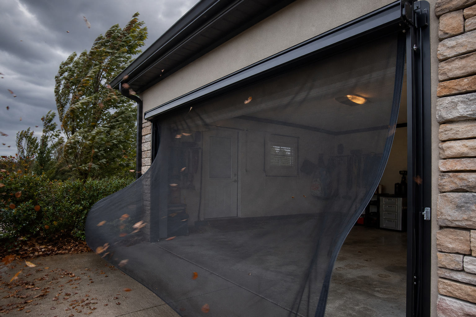 Garage door screen system withstanding strong wind conditions