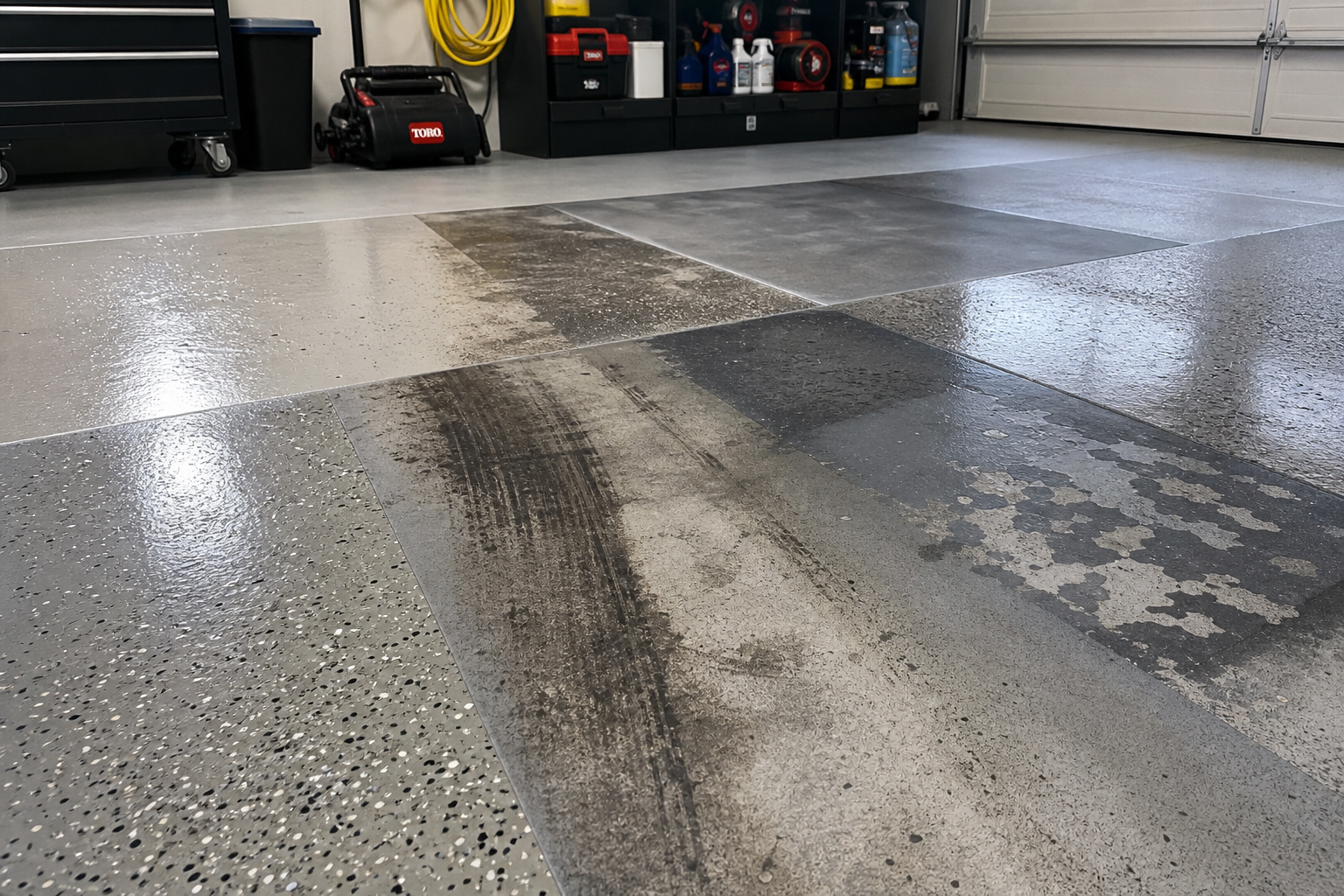 Garage floor showing different coating performance levels under testing conditions