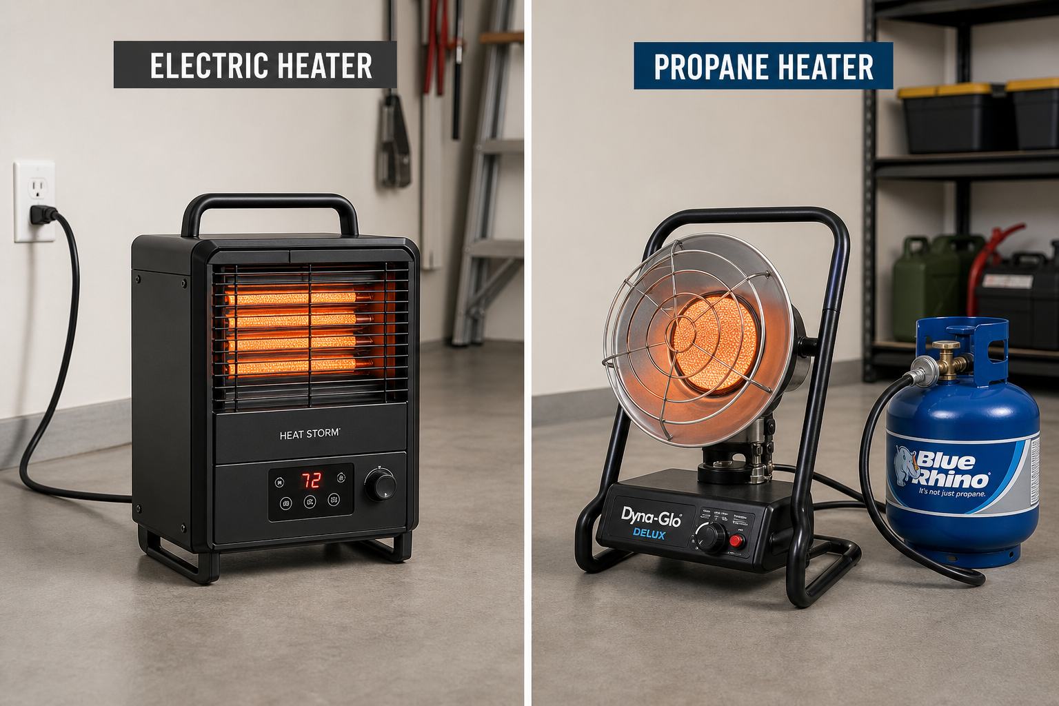 Electric and propane portable garage heaters displayed side by side
