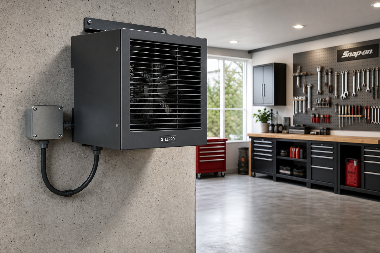 Electric forced-air heater mounted on garage wall
