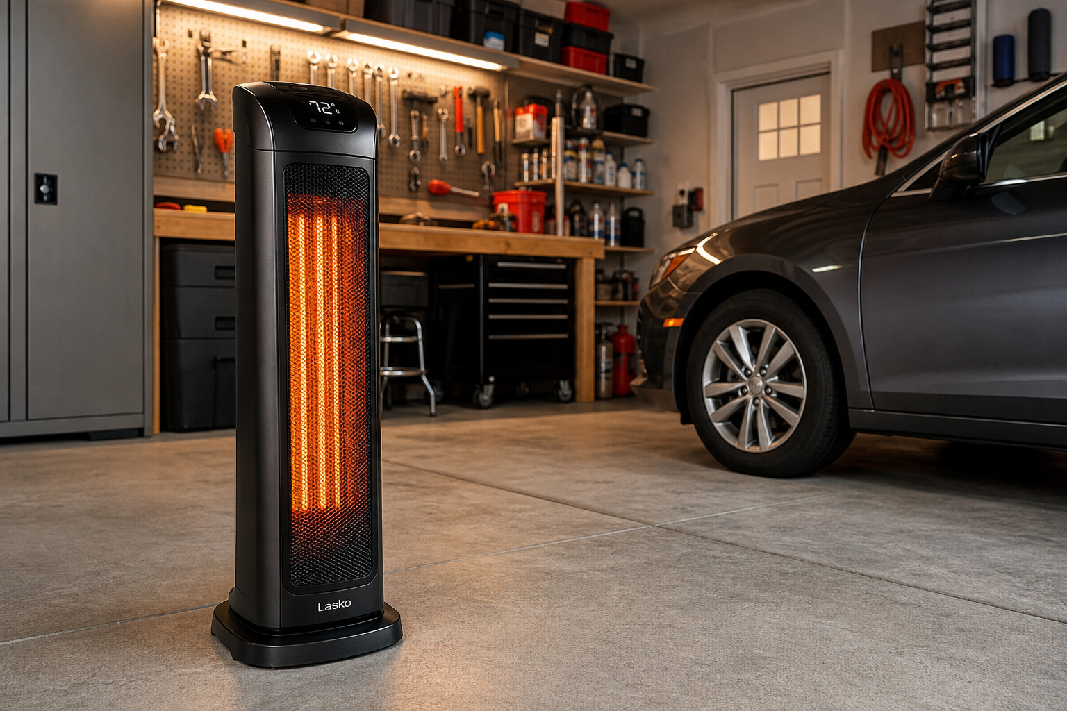 Electric space heater in a garage setting