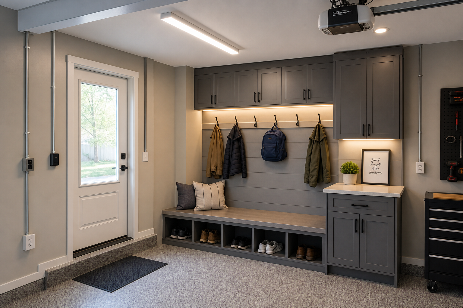 Garage mudroom with professional electrical installation and LED lighting setup