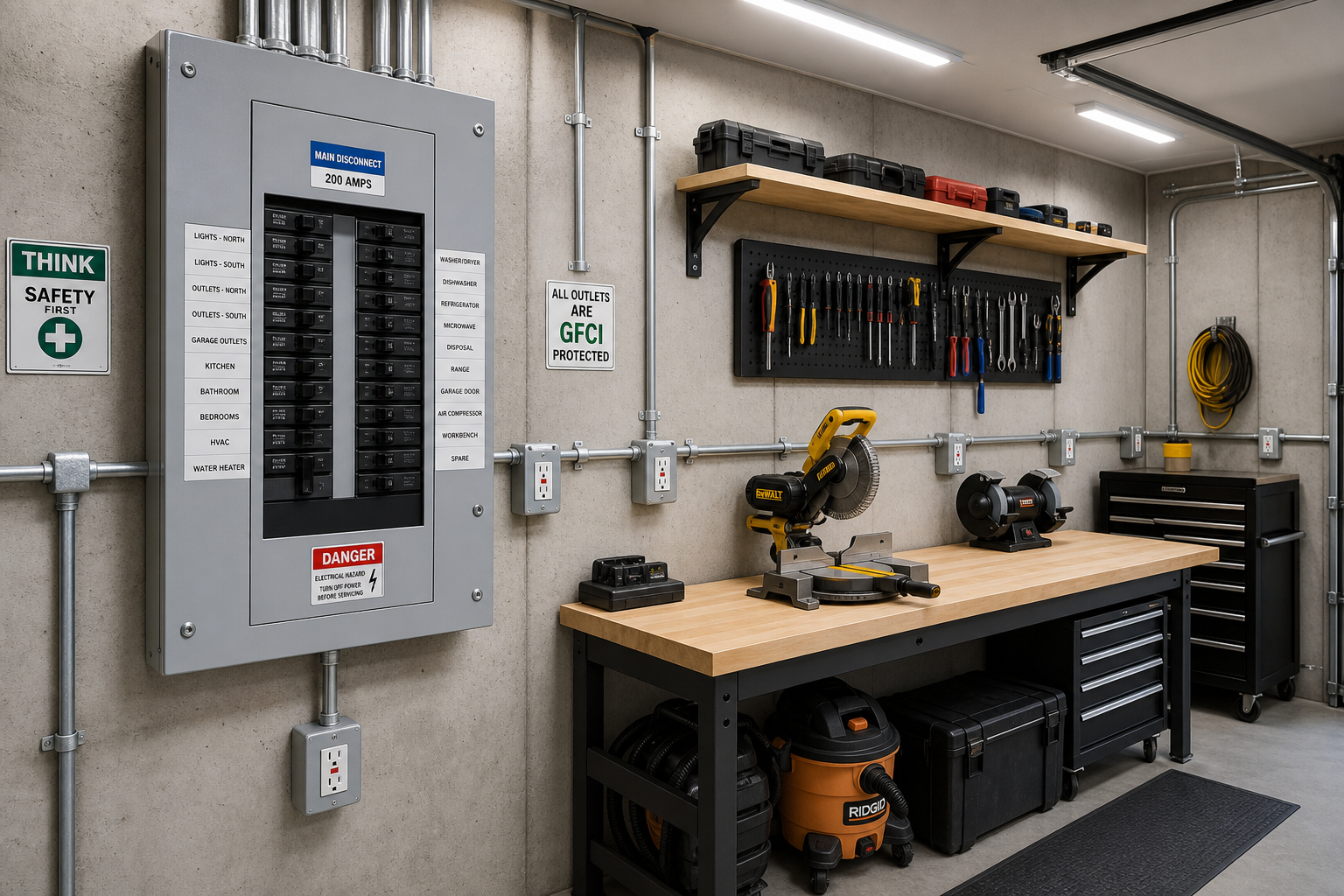 Garage electrical panel, outlets, and lighting showing proper electrical installation