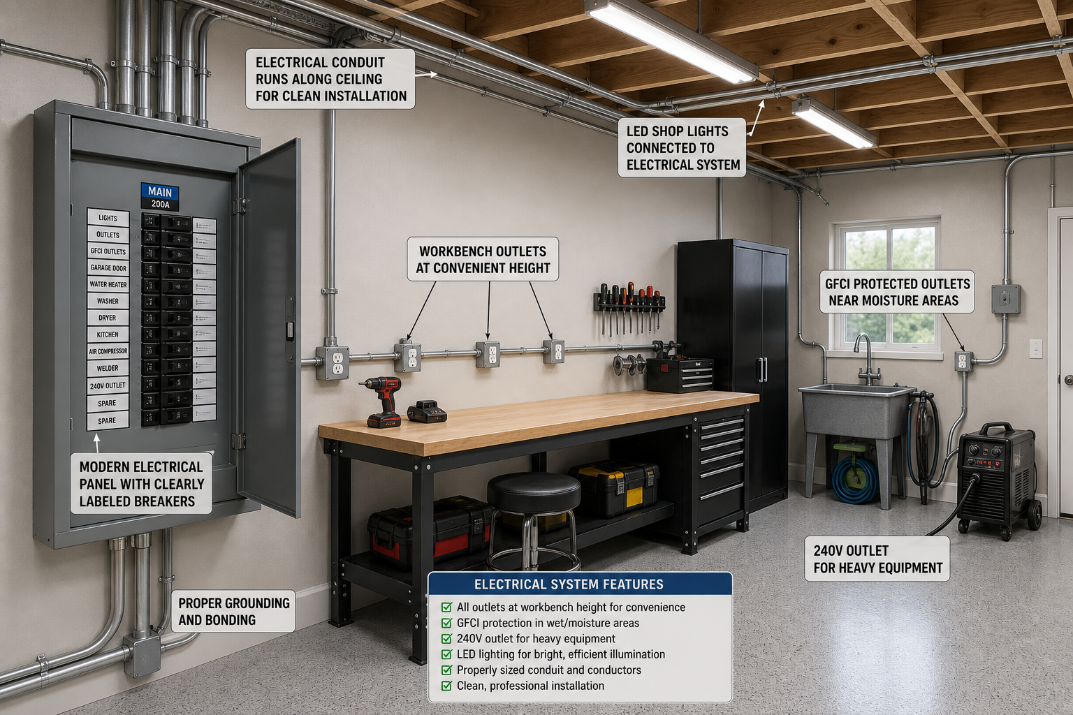 Garage workshop electrical setup with panel, outlets, and overhead lighting system