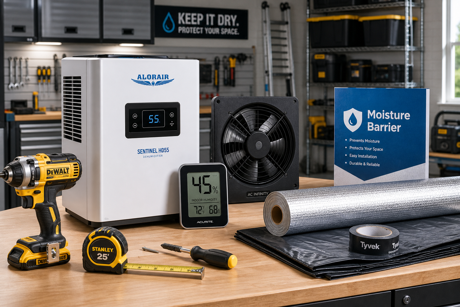 Collection of dehumidifiers, fans, and tools for garage humidity control