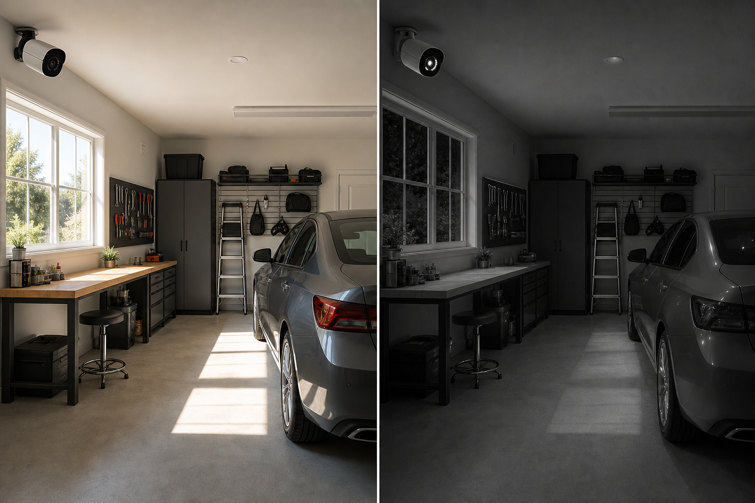 Garage interior showing day and night visibility comparison for security cameras